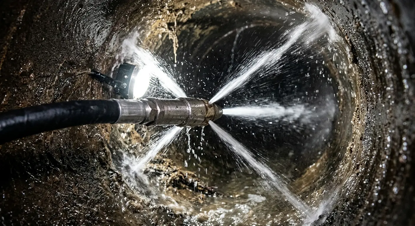 High-pressure hydro jetting nozzle cleaning sewer pipe for Trenchless Sewer Repair in Seagoville