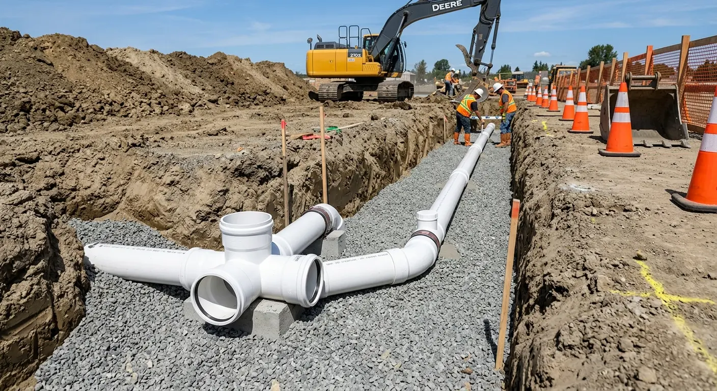 New PVC sewer pipe installation in open trench for Commercial Drain Cleaning in Seagoville