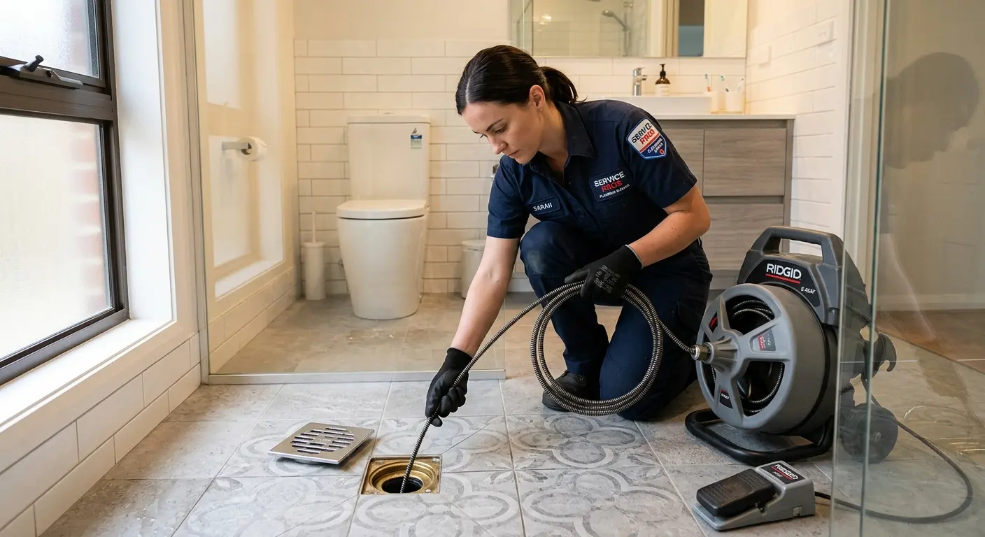 Technician clearing a bathroom floor drain for Clogged Drain Repair in Seagoville